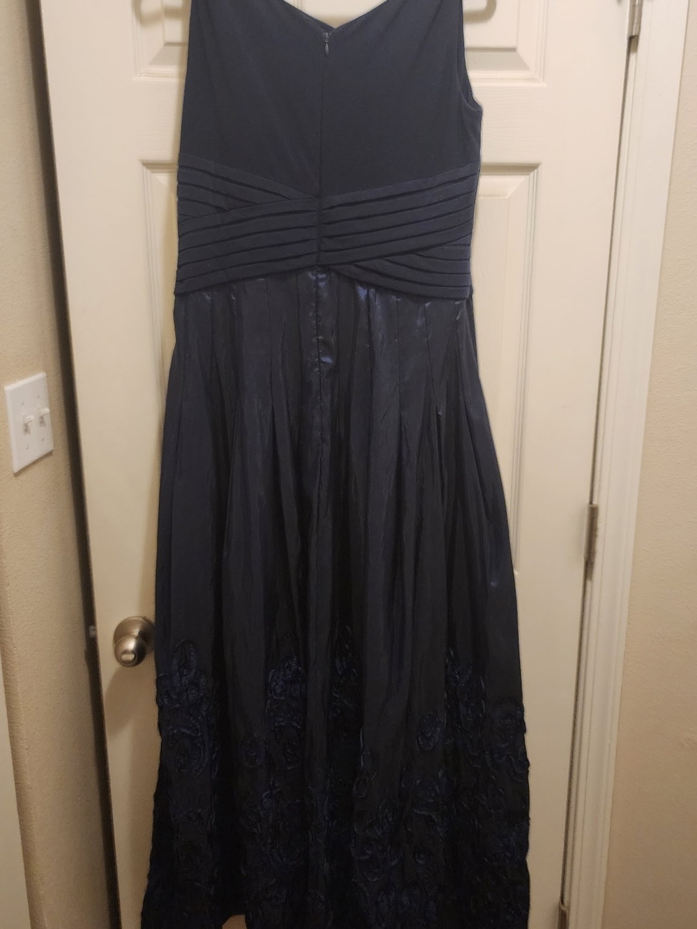 Patra Navy V-Neck Pleated Waist Maxi Dress with Embroidered Hem